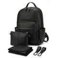 Black backpack style nappy bag with accessories on a white background