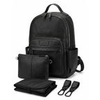 Black backpack style nappy bag with accessories on a white background