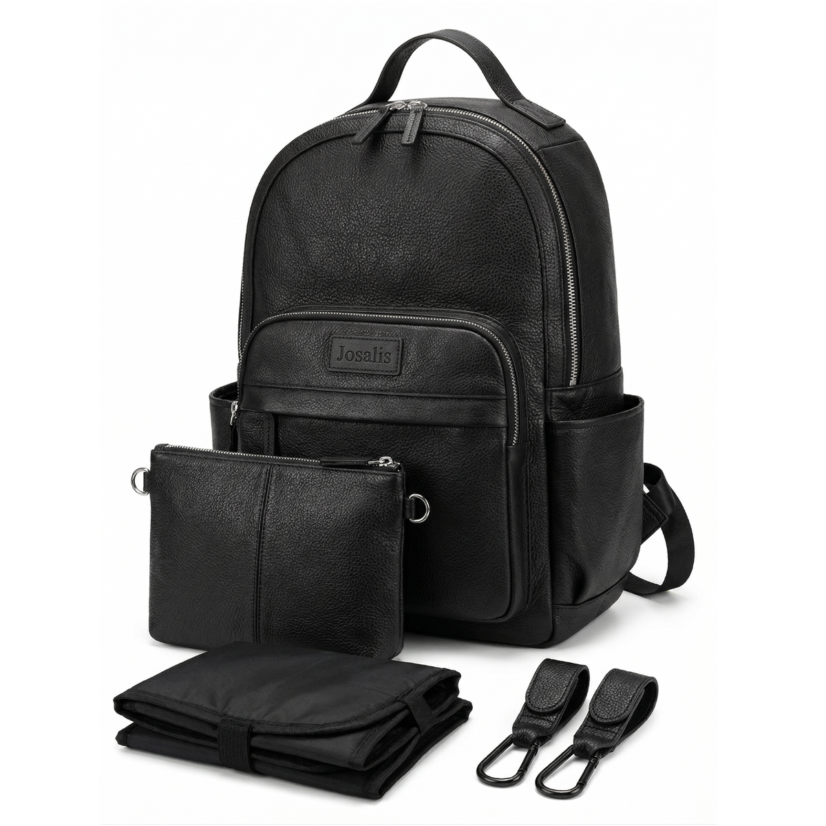 Black backpack style nappy bag with accessories on a white background