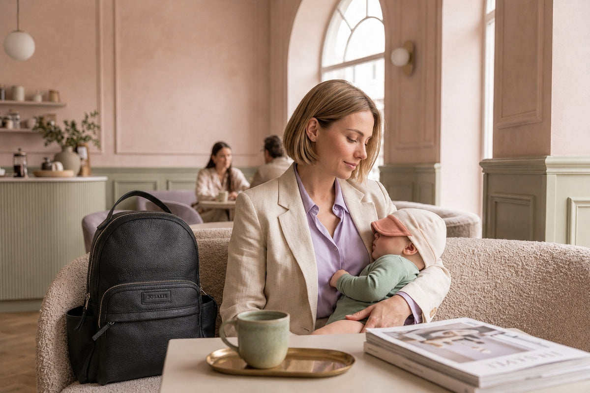 A woman in a cream blazer and lavender shirt holds a baby wearing a Nodli slumber hat in a softly lit cafe. A black Aurelia, nappy bag backpack with a visible Josalis logo sits on the table beside her, along with a mug and magazines.