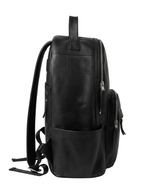 Black leather backpack style nappy bag side view on a white background