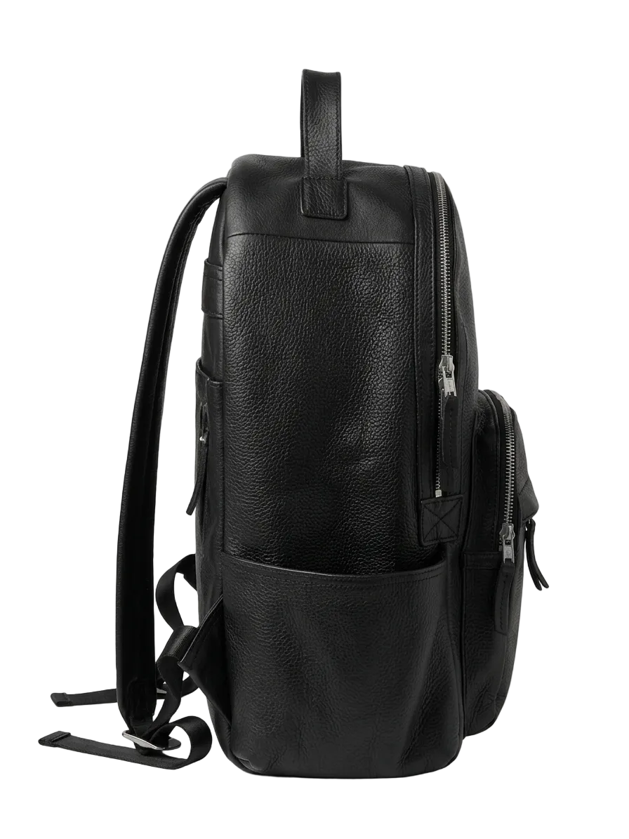 Black leather backpack style nappy bag side view on a white background