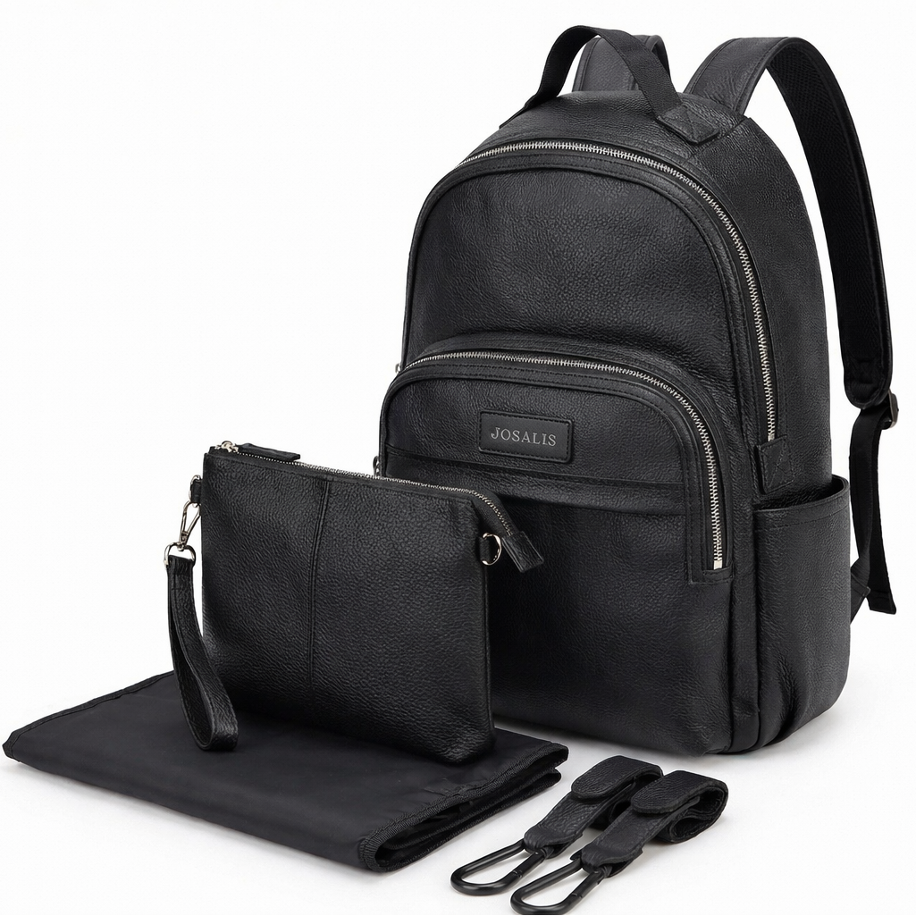Black backpack with pouch and straps on a white background