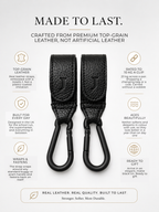 A pair of black textured top-grain leather strap wraps with black metal carabiners, presented on a light gray background with descriptive text and icons highlighting product features.