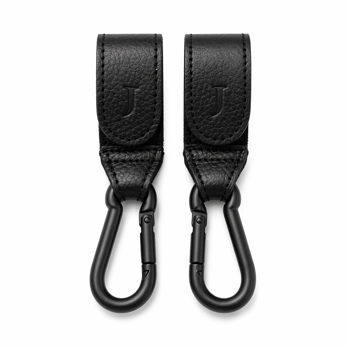 Two black leather Mira Buggy clips with matte black carabiners 